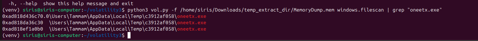 filescan output revealing full path of malicious executable